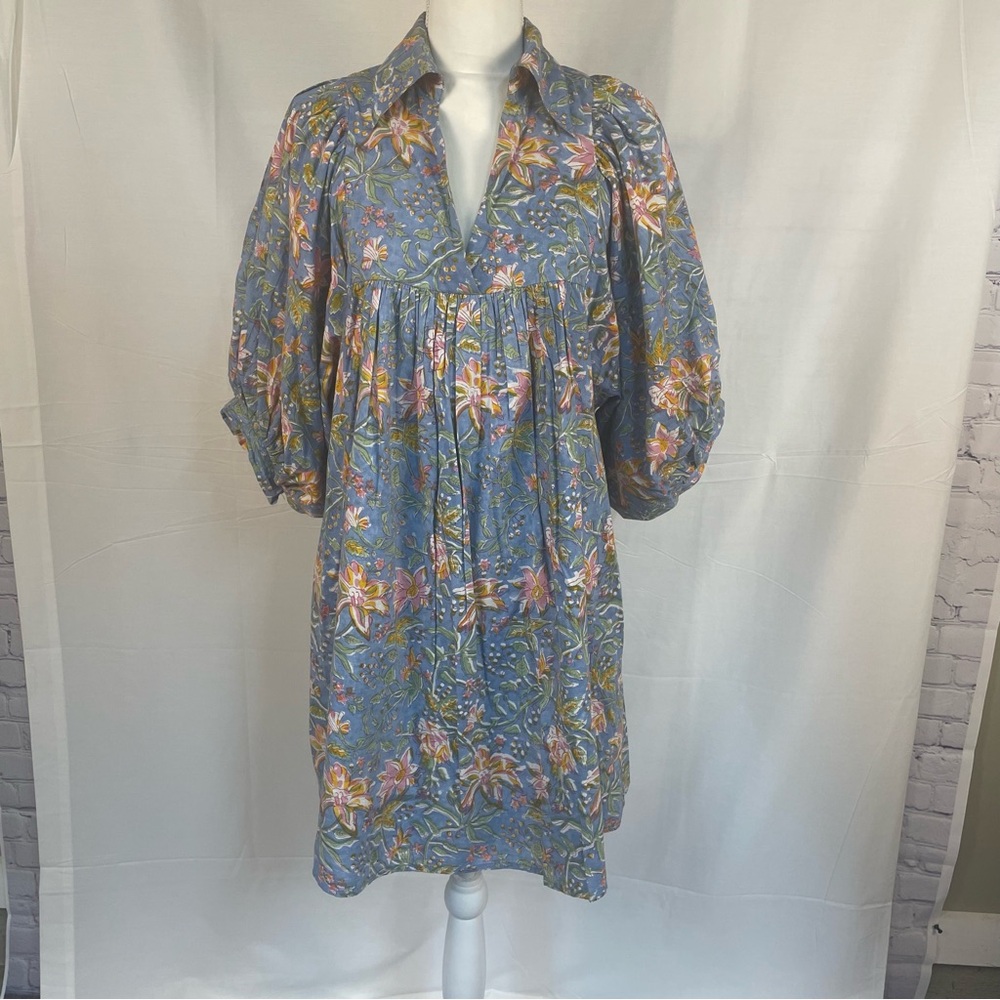 Saule Parc Willow Park Blue Floral Puff Sleeve 100% Cotton Dress M
